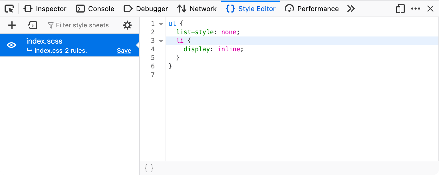 Outils de développement Firefox avec le fichier index.scss ouvert dans l'éditeur de styles. L'éditeur est focalisé sur la troisième ligne du code source au format SCSS avec imbrication.