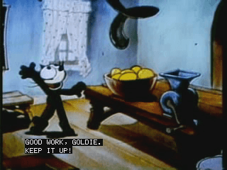 Bild aus einem alten Cartoon mit geschlossenen Untertiteln "Good work, Goldie. Keep it up!"