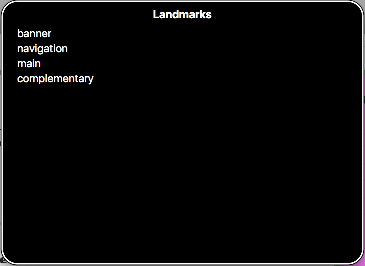 Mac's VoiceOver-Menü für schnelle Barrierefreiheit. Landmarks Header und Landmarks Liste einschließlich Banner, Navigation, Haupt und ergänzend.