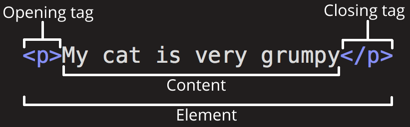 Ein Beispielcode-Snippet, das die Struktur eines HTML-Elements zeigt.<p> Meine Katze ist sehr mürrisch </p>.