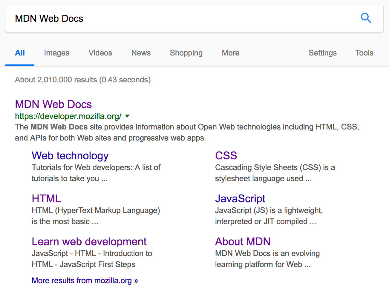Un résultat de recherche Yahoo pour « Mozilla Developer Network »