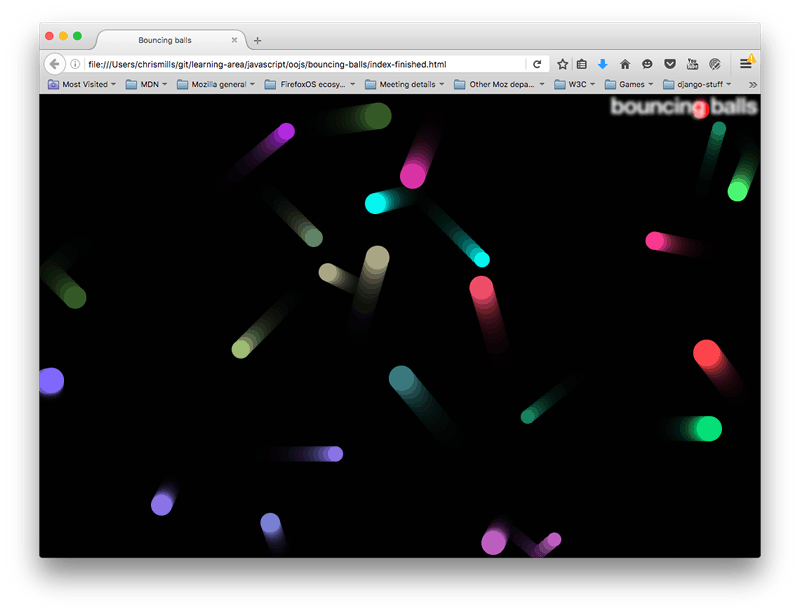Screenshot einer Webseite mit dem Titel "Bouncing balls". 23 Bälle in verschiedenen Pastellfarben und Größen sind über einen schwarzen Bildschirm verteilt, mit langen Spuren hinter ihnen, die Bewegung anzeigen.