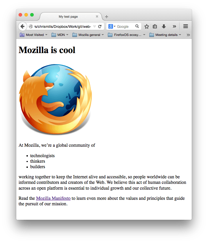 Une capture d'écran d'une page web avec le logo de Firefox, un titre qui dit « Mozilla est cool » en anglais et deux paragraphes de texte de remplissage.
