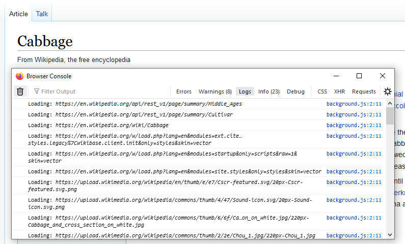 Browser-Konsole Menü: URLs von der Erweiterung