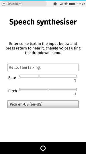 Benutzeroberfläche einer App namens Speak Easy Synthesis. Sie hat ein Eingabefeld, um Text zum Synthetisieren einzugeben, Slider-Steuerelemente, um die Geschwindigkeit und Tonhöhe der Sprache zu ändern, und ein Dropdown-Menü, um zwischen verschiedenen Stimmen zu wählen.