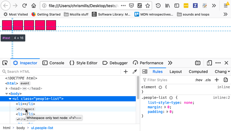 Firefox 开发者工具 HTML 检查器中显示代码块间空白字符的示例