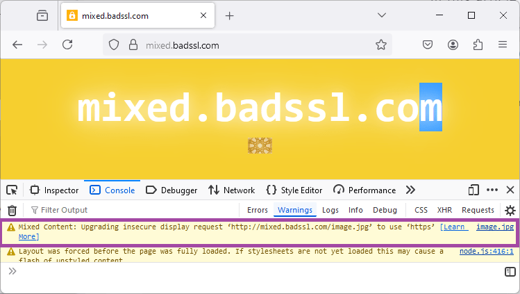 Bildschirmfoto der Webkonsole mit Upgrade-Warnung für ein Mixed Content-Bild.